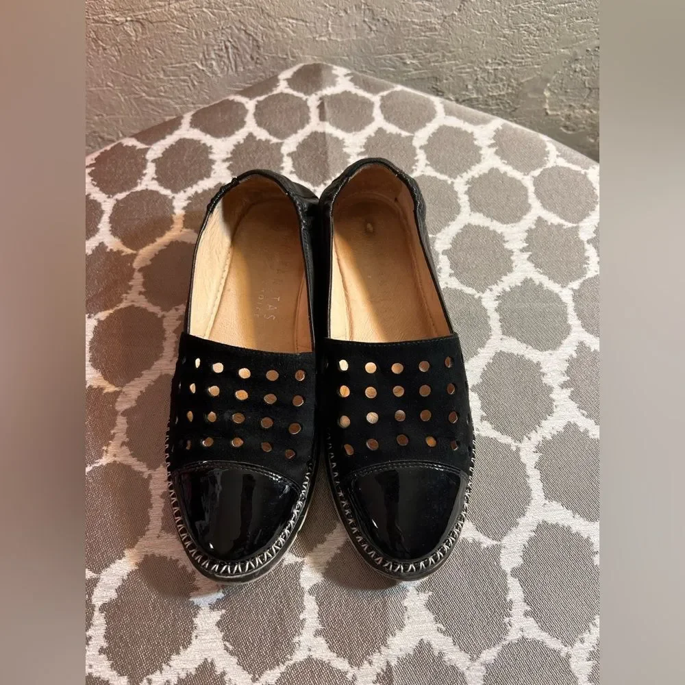 Hispanitas Black Perforated Slip-On Espadrilles made in Spain suede and patent